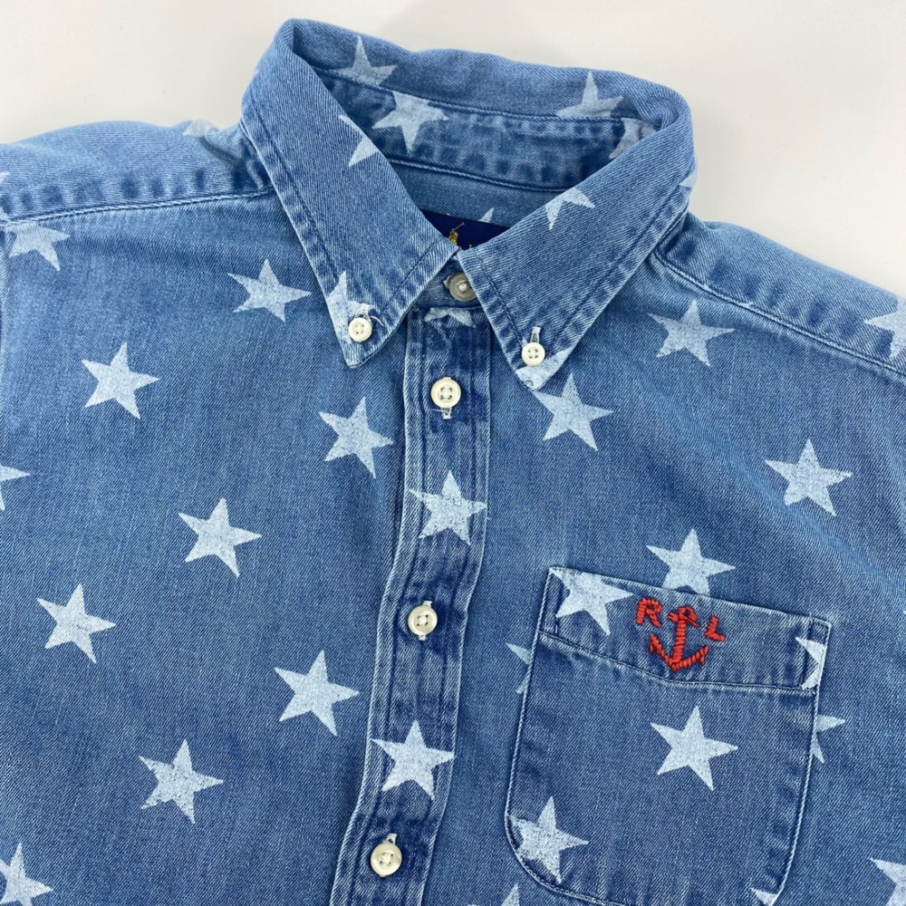 Ralph Lauren Shirt Kids L 14-16 Blue Star Denim Anchor Button Down Short Slv